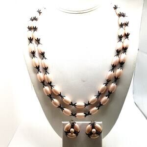 Mid-Century Hong Kong Pink Satin Bead Necklace & Clip Earrings Set 1950s